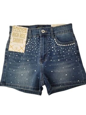 Savage Collection High Waist Denim Shorts with Pearl Studs - Blue